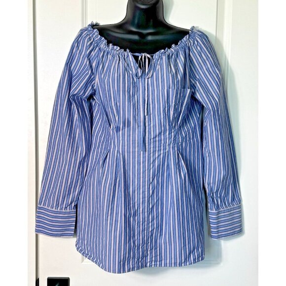 Tibi Garcon Striped Shirred Off Shoulder Top Womens 6 - Picture 3 of 13